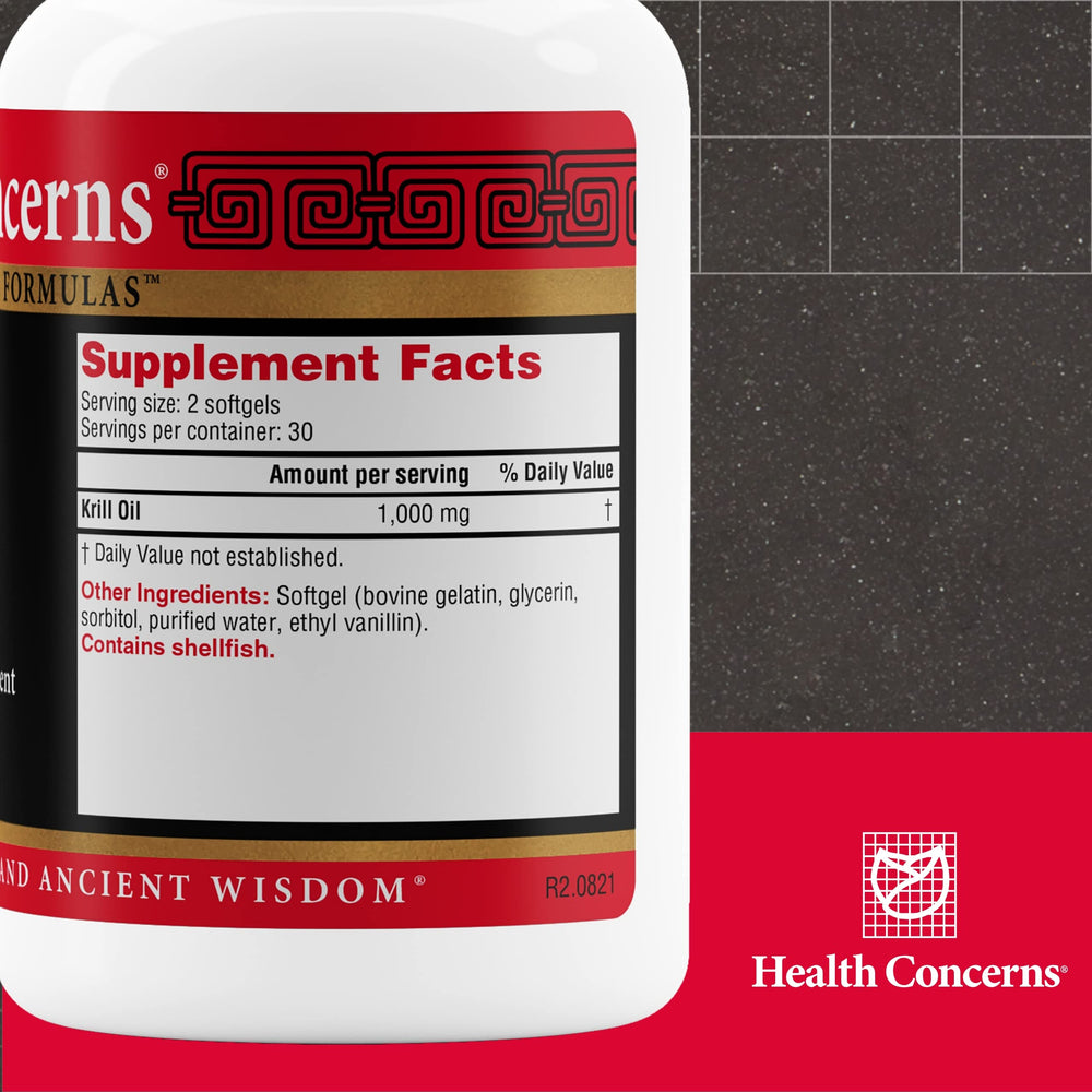 Health Concerns EPAQ softgels closeup highlighting krill oil capsule benefits.