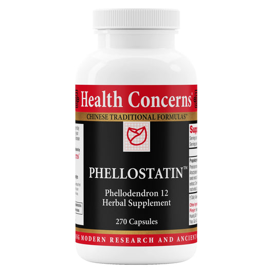 Health Concerns Phellostatin bottle label highlighting a microbiome-supporting herbal blend.