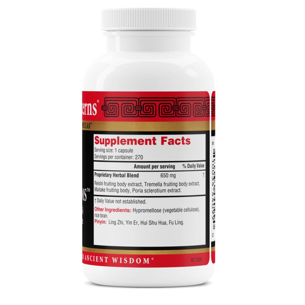 Health Concerns Power Mushrooms capsules closeup underscores convenient 270-capsule supply.