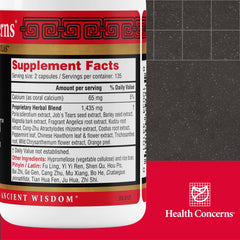 Health Concerns Quiet Digestion capsules close-up, easy-to-swallow herbal blend.