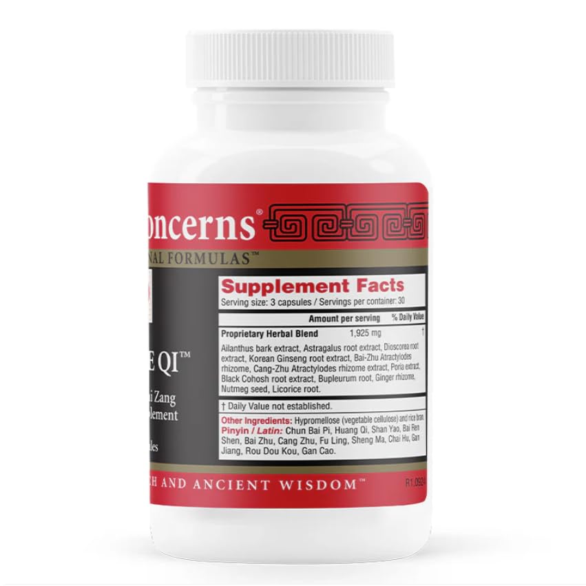 Health Concerns Source Qi bottle label showing herbs like Astragalus and Ginseng for wellness.