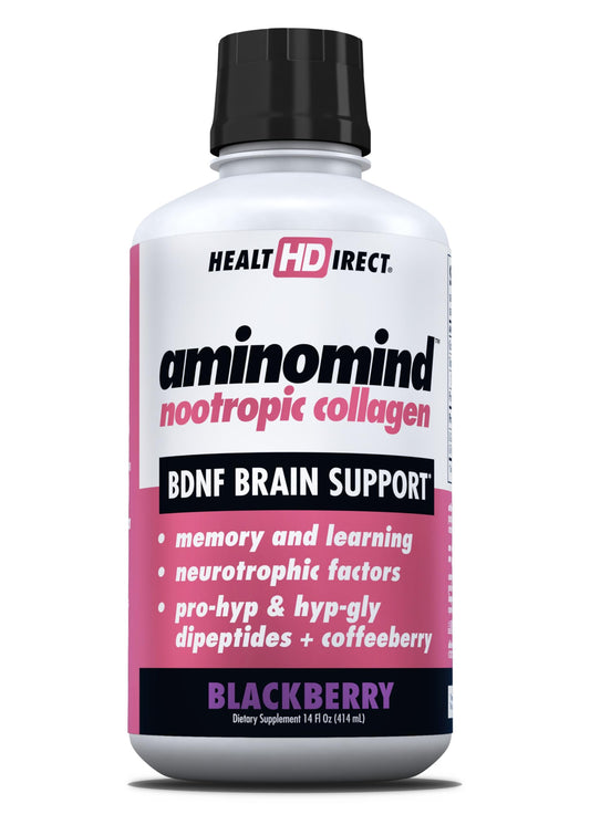 Health Direct AminoMind bottle close-up for daily brain health support.
