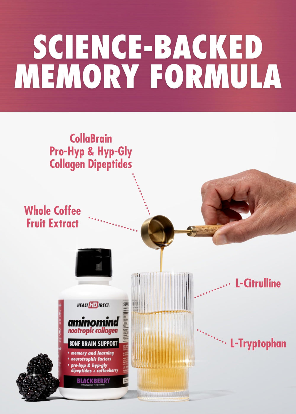 Health Direct AminoMind capsules close-up showing focus-friendly design.