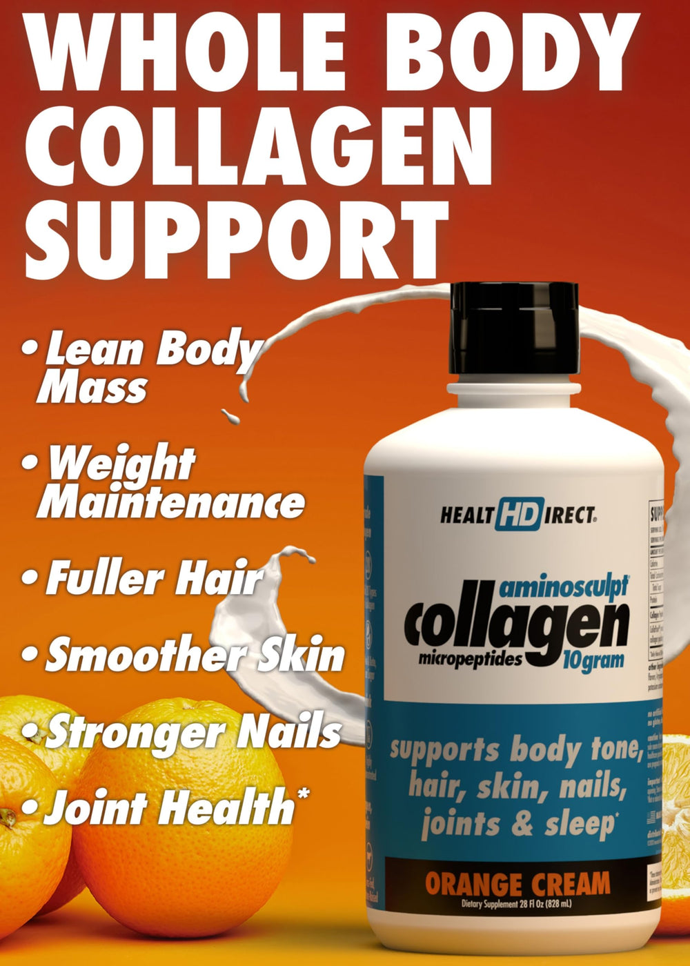Health Direct AminoSculpt orange cream liquid collagen pour supports convenient daily supplementation.