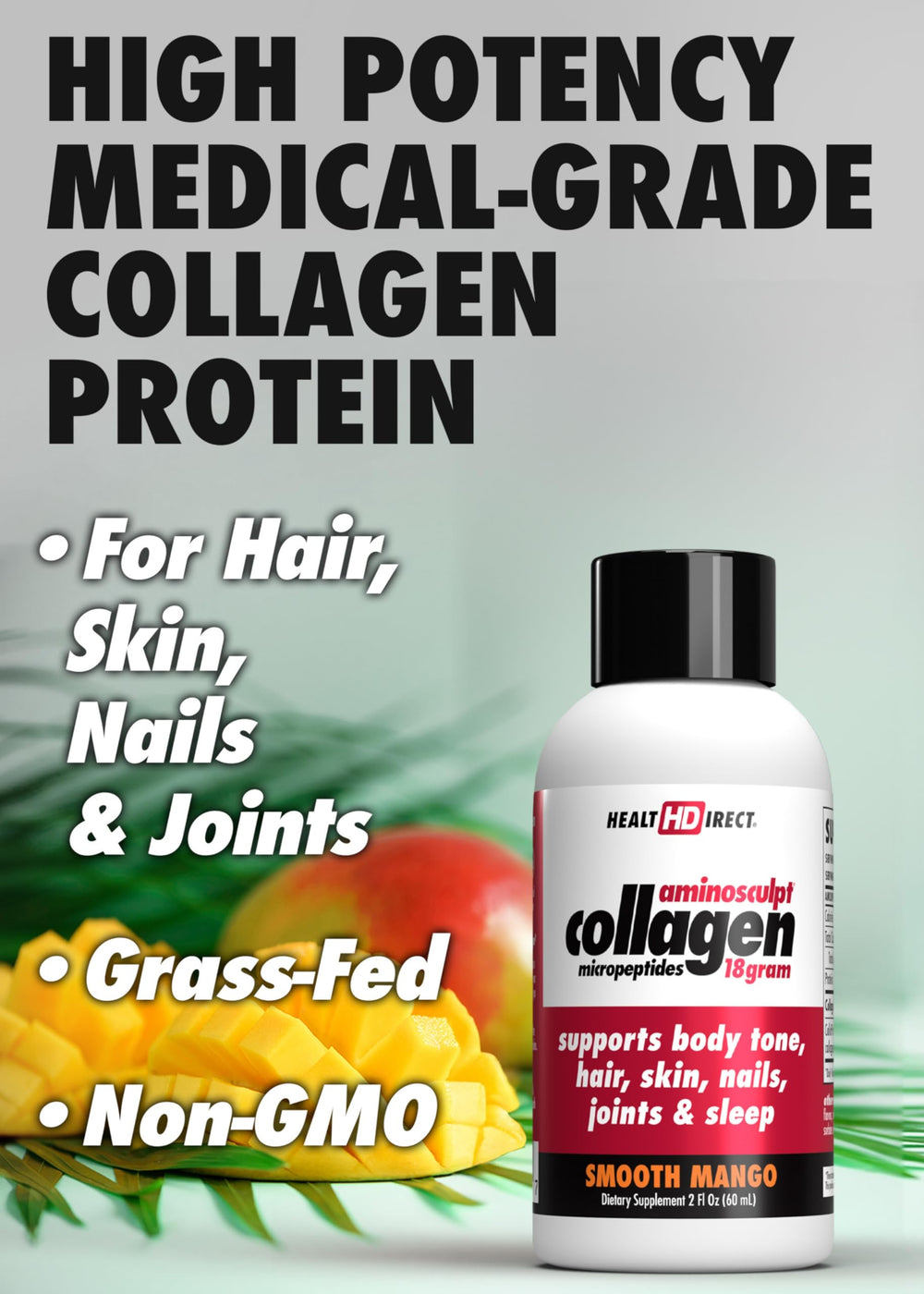 Health Direct AminoSculpt mango shot pour emphasizes convenient daily intake for beauty.