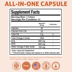 Health Dose Omega 3 bottle label closeup highlights EPA and DHA amounts