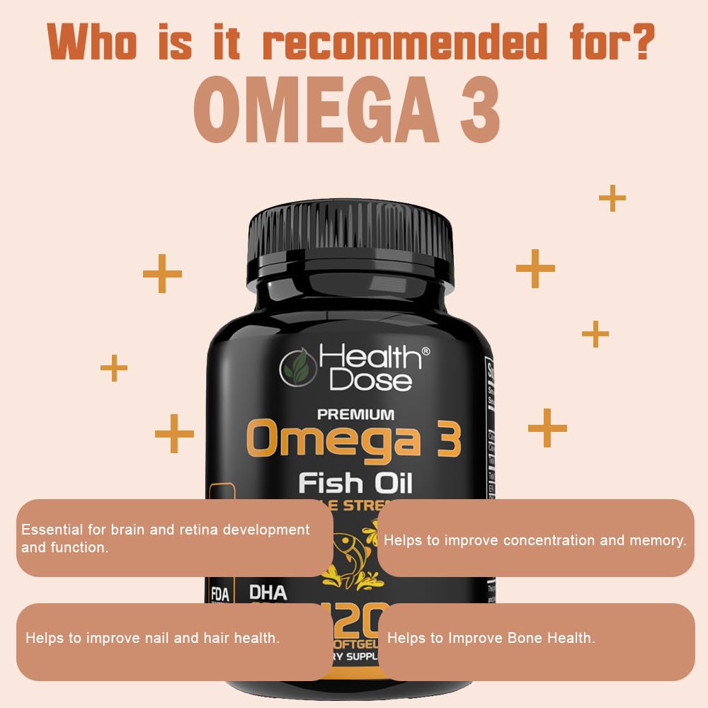 Health Dose Omega 3 bottle highlights 800 mg EPA and 600 mg DHA per serving