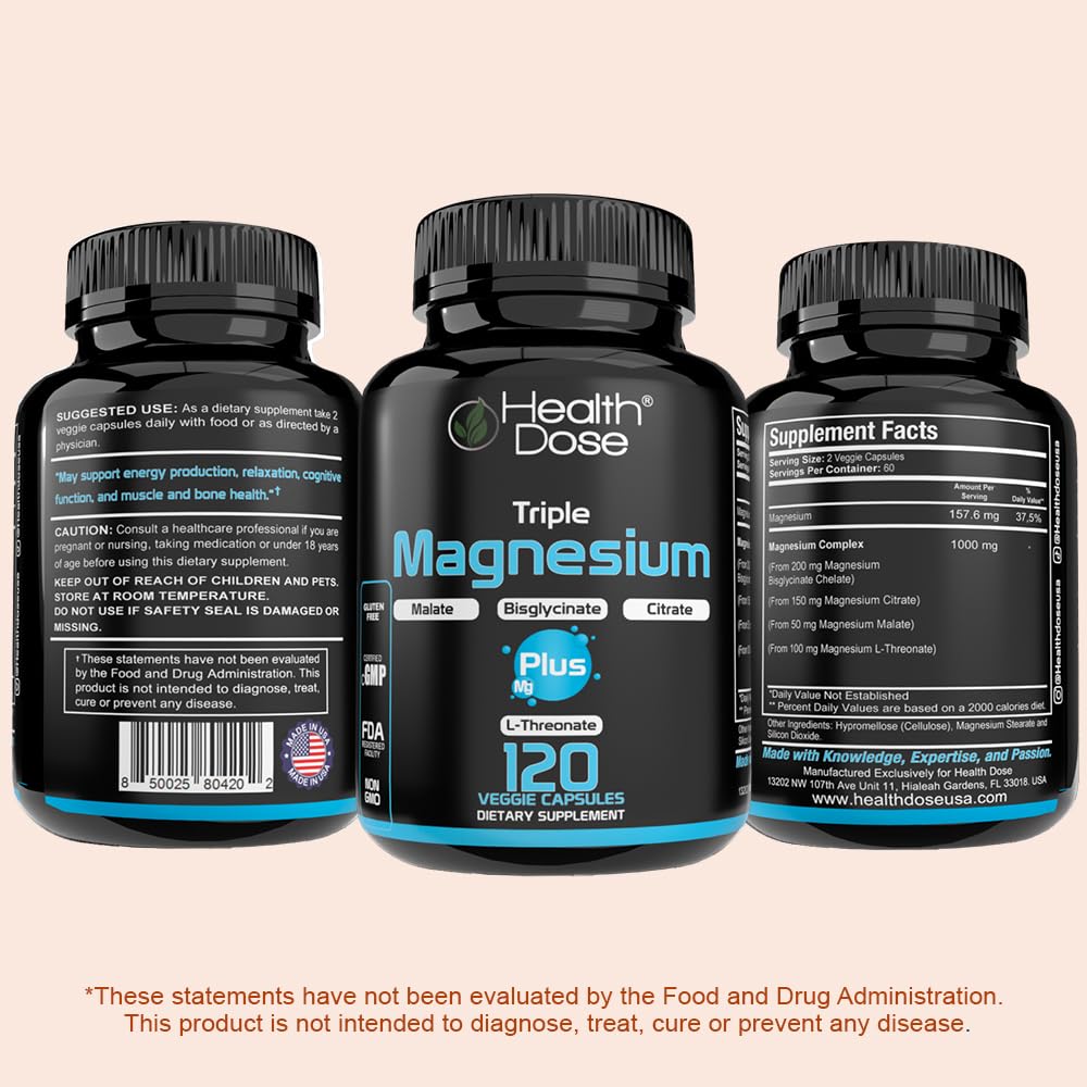 Health Dose Triple Magnesium pure ingredients label accentuates non-GMO and soy-free claims