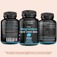 Health Dose Triple Magnesium pure ingredients label accentuates non-GMO and soy-free claims