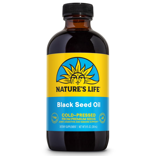 Health From The Sun Nature's Life black seed oil bottle pour for daily use