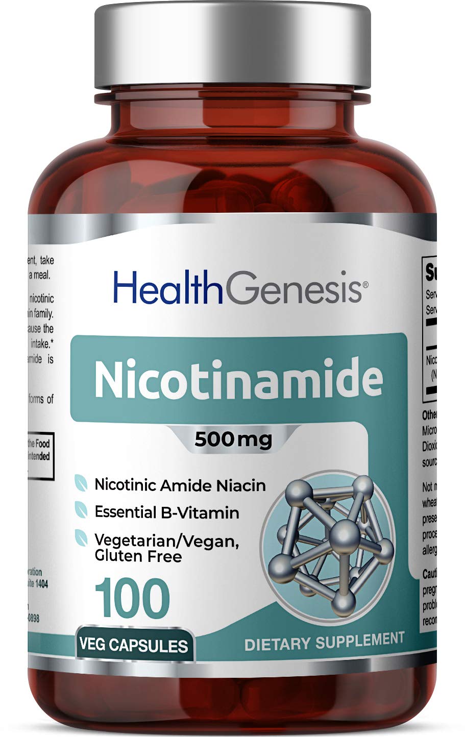 Health Genesis B-3 Nicotinamide 500 mg bottle daily-use capsules for potential energy support