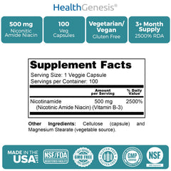 Health Genesis B-3 Nicotinamide 500 mg close-up of capsules shows smooth coating
