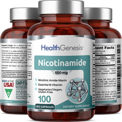Health Genesis B-3 Nicotinamide 500 mg packaging on display highlights NSF GMP manufacturing