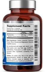 Health Genesis Nicotinamide flush-free label emphasizes proprietary production