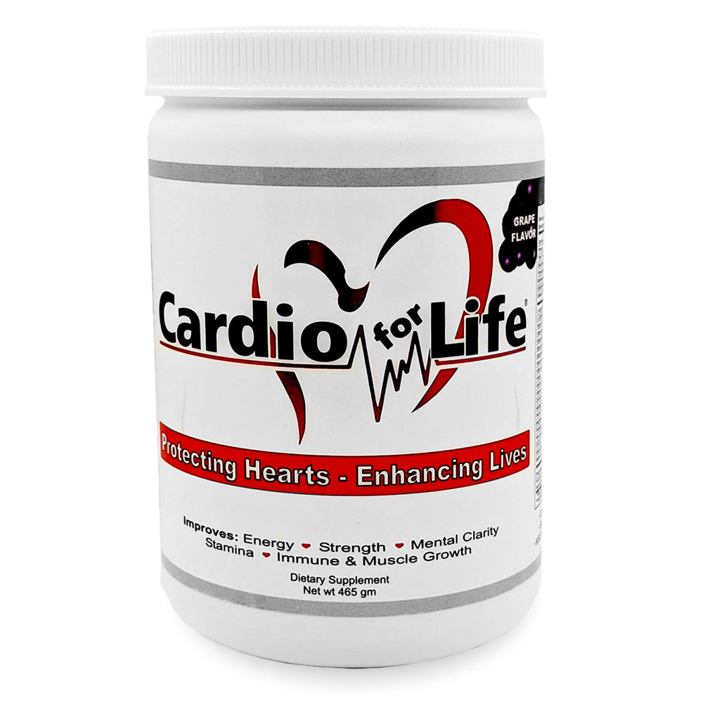 Health Guardian CardioForLife grape powder jar close-up for daily energy support.