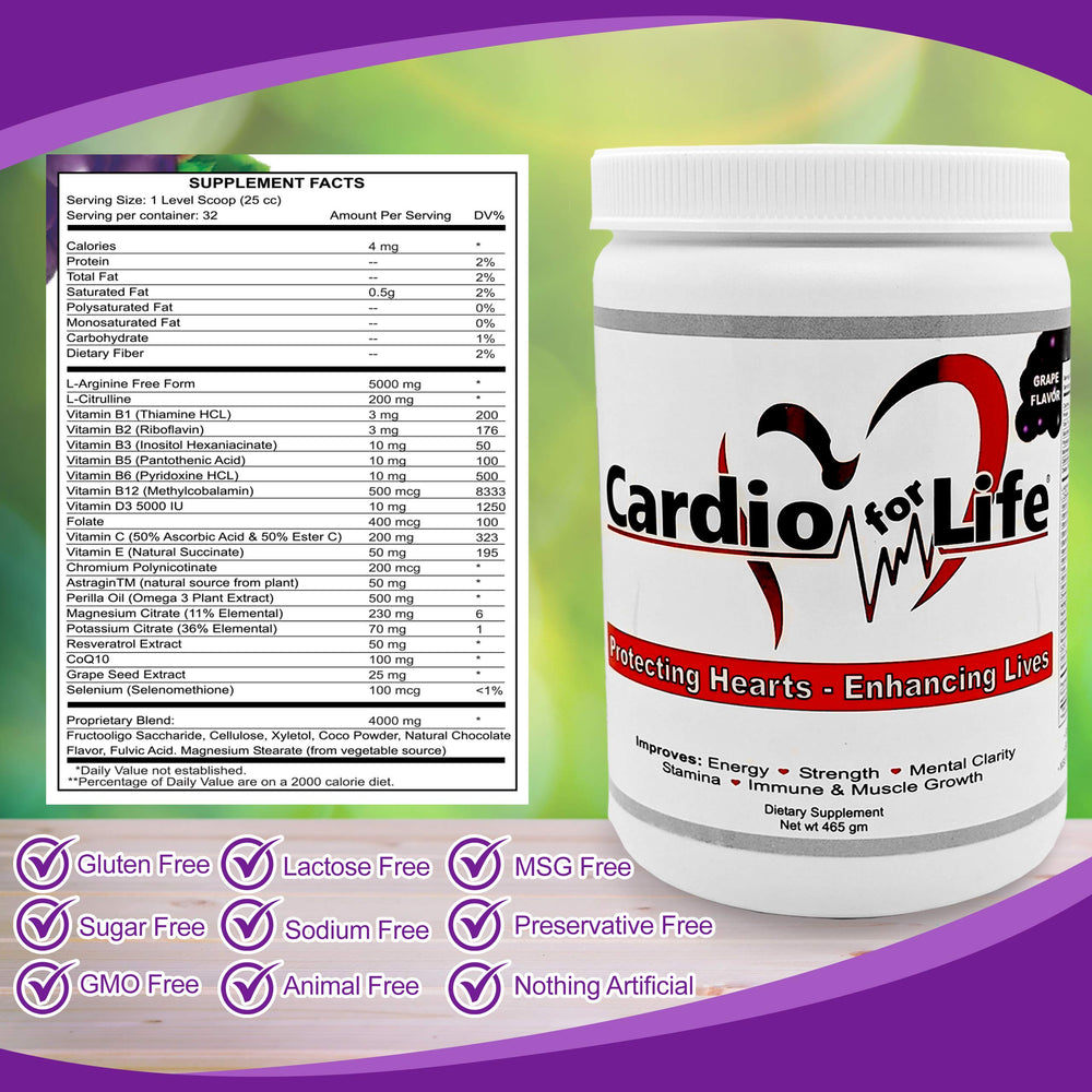 Health Guardian CardioForLife scoop in glass with grape flavor mix.