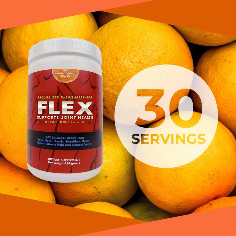 Health Guardian Flex Orange Powder smoothie image conveys citrus flavor integration.