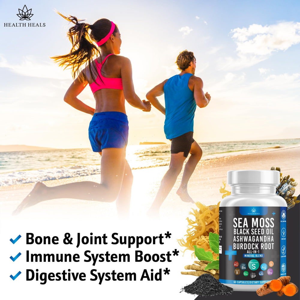Health Heals ashwagandha-sea-moss ingredients, highlighting mineral-rich adaptogenic possibilities.