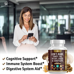 Health Heals Chaga bottle image emphasizes antioxidant rich vitality for everyday wellness.
