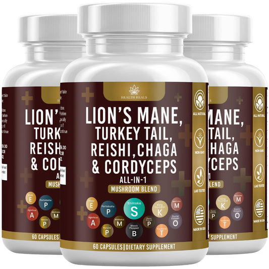 Health Heals Lions Mane bottle image shows focus-boosting mushroom blend for daily wellness.