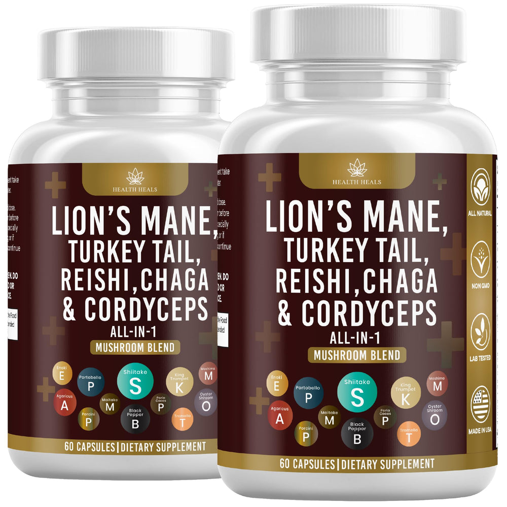 Health Heals Lion's Mane mushroom capsules for focus and daily wellness