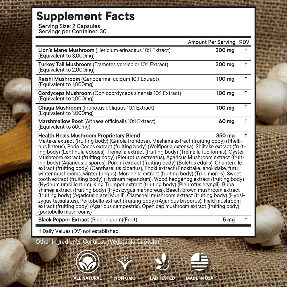 Health Heals Turkey Tail bottle image highlights immune support for daily resilience.