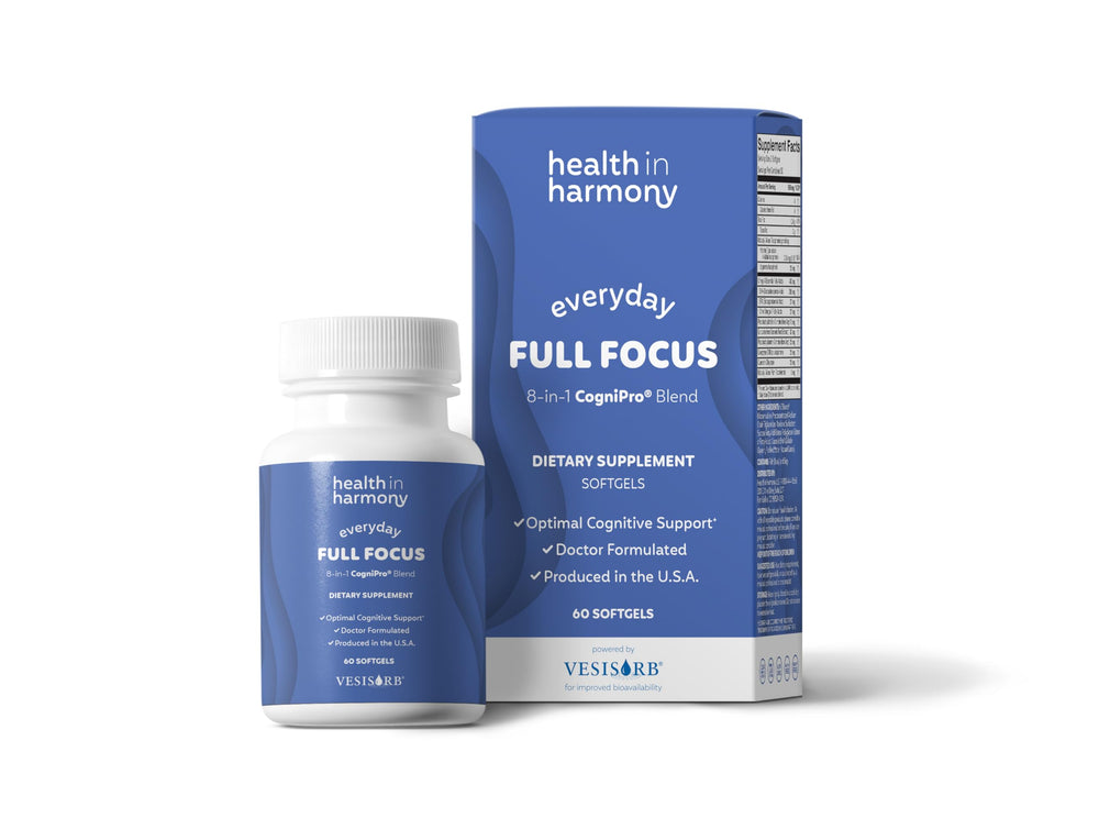 Health in Harmony Everyday Full Focus bottle on a clean desk for mental clarity.