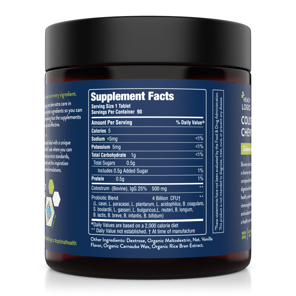 Health Logics Colostrum Chews tablet closeup shows a large 14B CFU per tablet claim.