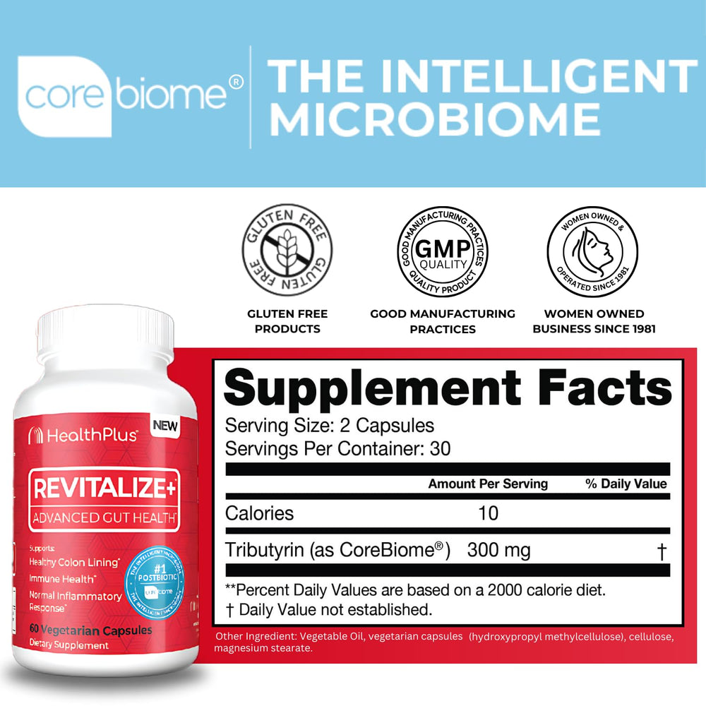Closeup of Health Plus CoreBiome label highlighting postbiotic ingredients.