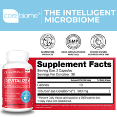 Closeup of Health Plus CoreBiome label highlighting postbiotic ingredients.