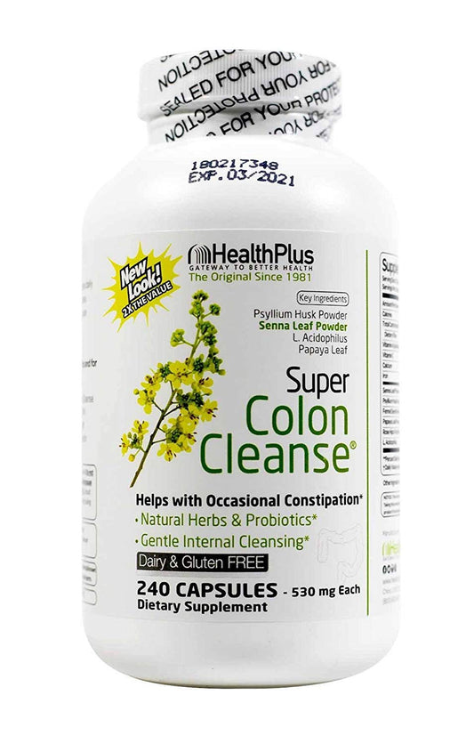 Health Plus Super Colon Cleanse bottle showcasing capsules for digestive comfort.