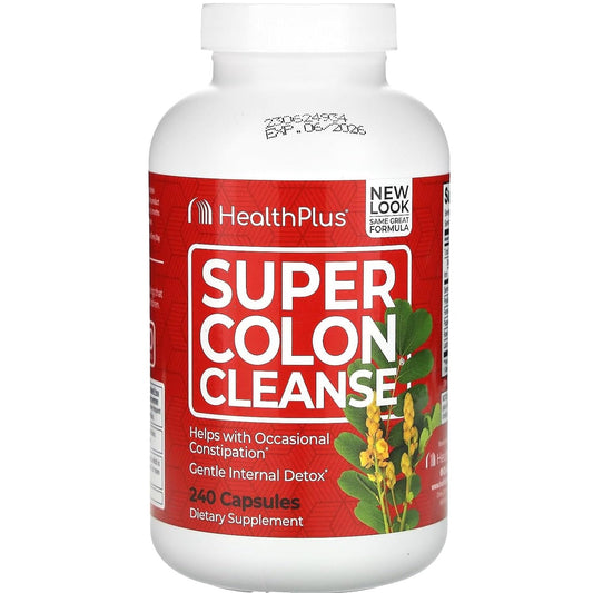 Health Plus Super Colon Cleanse capsules bottle shown for convenient daily use.