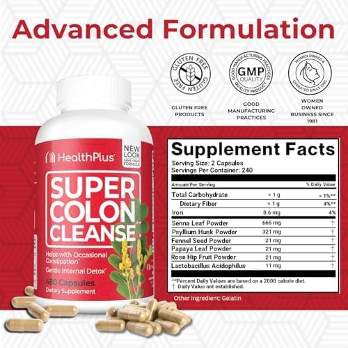 Close-up of Health Plus Super Colon Cleanse capsules highlighting psyllium and probiotics