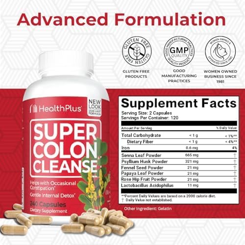 Health Plus Super Colon Cleanse capsules closeup showing texture and form.