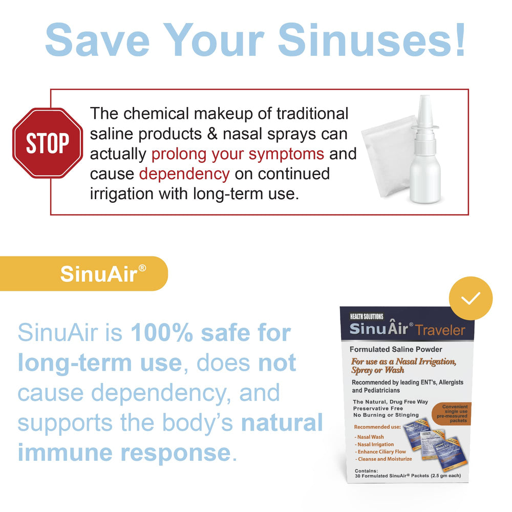 Health Solutions nasal irrigation setup with SinuAir packets for daily care.