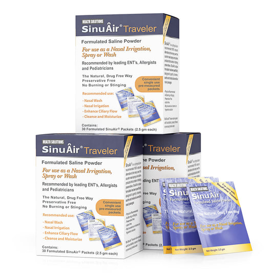 Health Solutions SinuAir saline packets in a 90-pack box for easy nasal irrigation preparation.