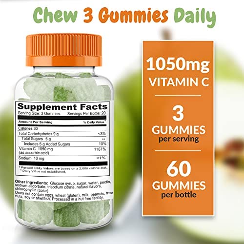Health Supplied 1050mg Vitamin C gummies close-up highlighting high-dose antioxidant support.