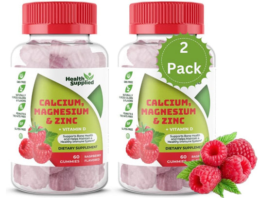 Health Supplied calcium magnesium zinc vitamin D gummies bottle promoting daily bone support.