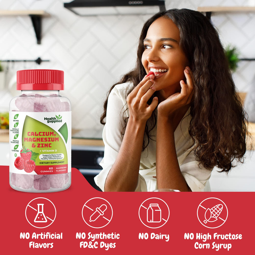 Health Supplied gummies with glass of water imply easy on the go daily wellness.