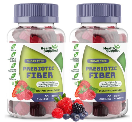 Health Supplied mixed berry gummies jar front for convenient fiber support.