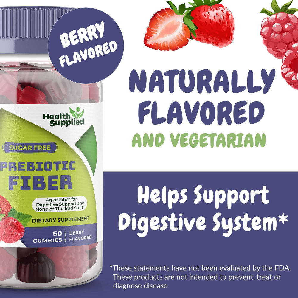 Health Supplied mixed berry gummies label closeup highlighting fiber and flavor.