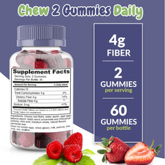 Health Supplied mixed berry gummies packaging display with bottle, ideal for on-the-go fiber snacking.