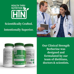 Capsules of Health Thru Nutrition Berberine HCl 500mg held in hand.