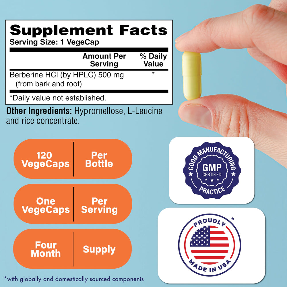 Close-up of Health Thru Nutrition Berberine HCl 500mg label and vegan certification.