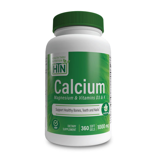 Health Thru Nutrition Calcium Magnesium Softgels bottle showing the blend for everyday wellness.