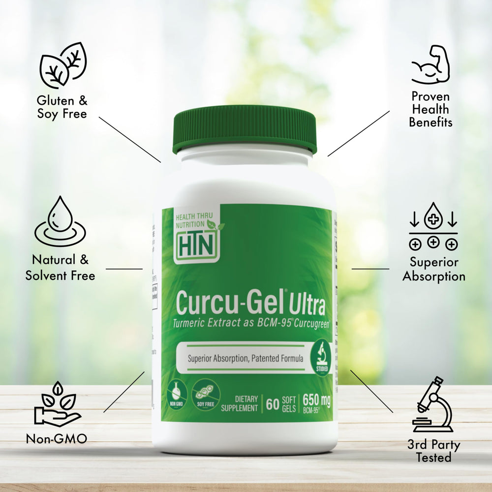 Health Thru Nutrition Curcu-Gel ingredient label featuring BCM-95 Curcugreen and non-GMO status.