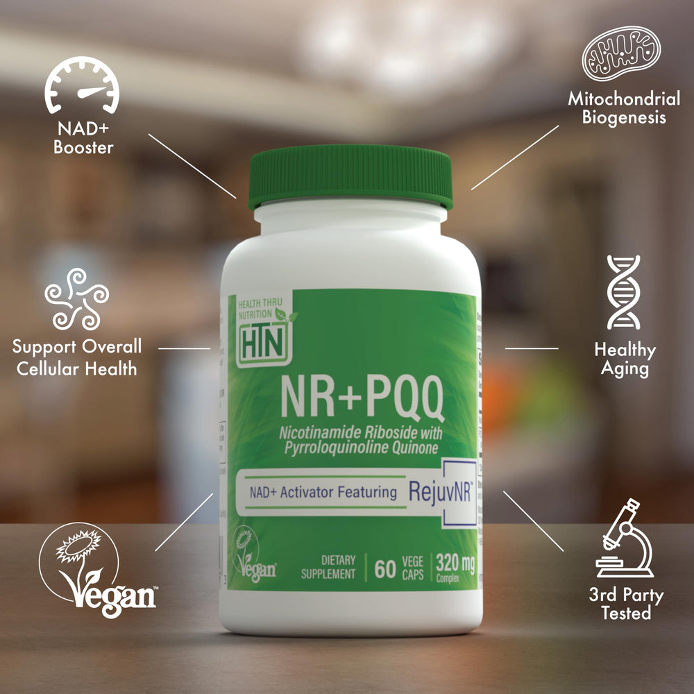 Health Thru Nutrition NAD+ Activator bottle pouring capsules ready for use.