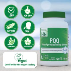 PQQ bottle label showing certifications and potency credentials from Health Thru Nutrition