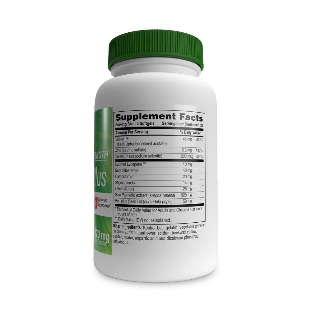 Close-up of Health Thru Nutrition Prostate Plus bottle label showing zinc and pumpkin seed for daily support