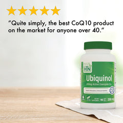 Health Thru Nutrition Ubiquinol 200mg softgels daily dosing on a counter, simple routine